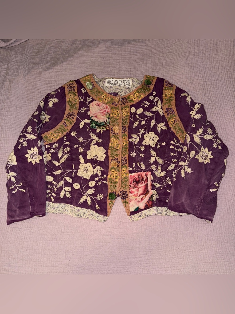 Magnolia Pearl Penrose Embroidered Applique Cropped Jacket Reversible Bird Boho